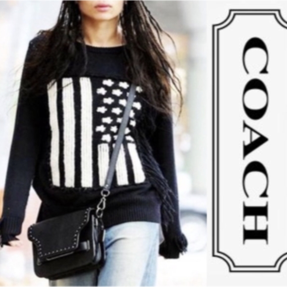Coach American Flag Merino Wool Sweater Mohair Fringe LeatherX- Small XS $695